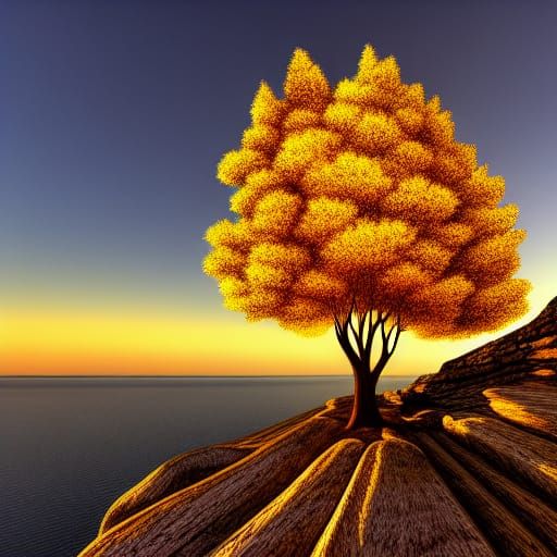 Golden Tree on Cliff at Sunset