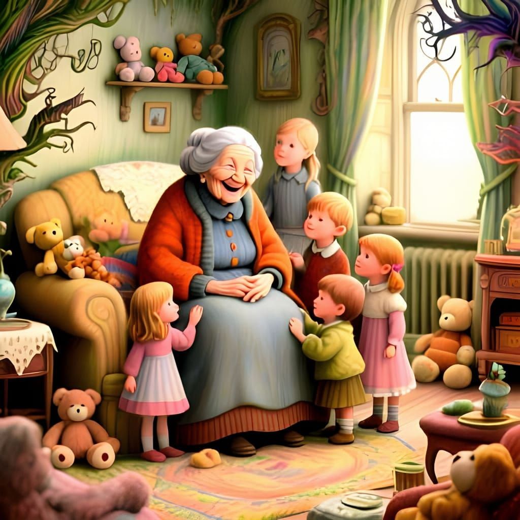 Grandmother Surrounded by Family, in Rackham Style
