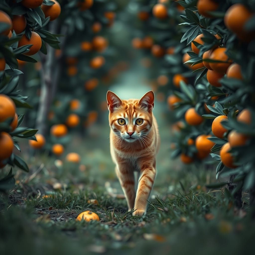 Surreal Orange Cat Strolls Through Vibrant Grove