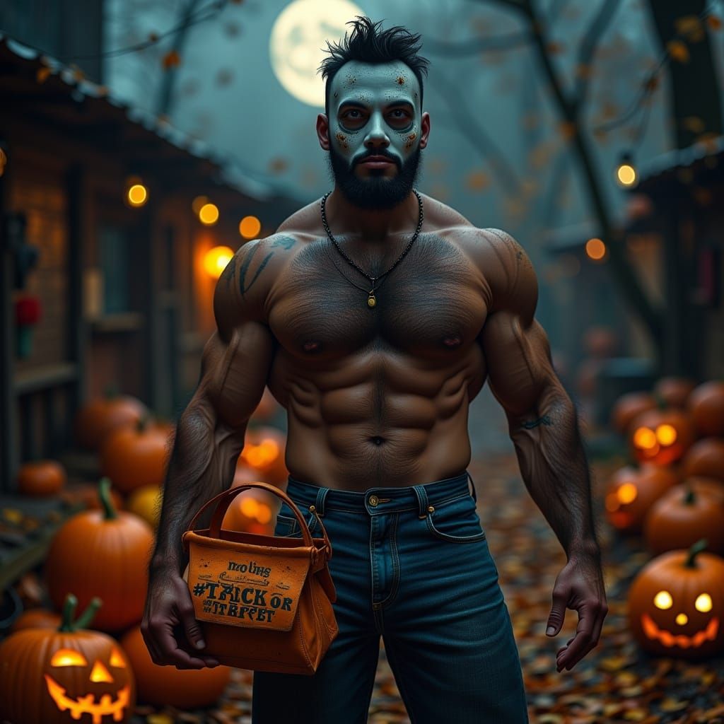 Muscular Man in Ghost Mask on Halloween Night