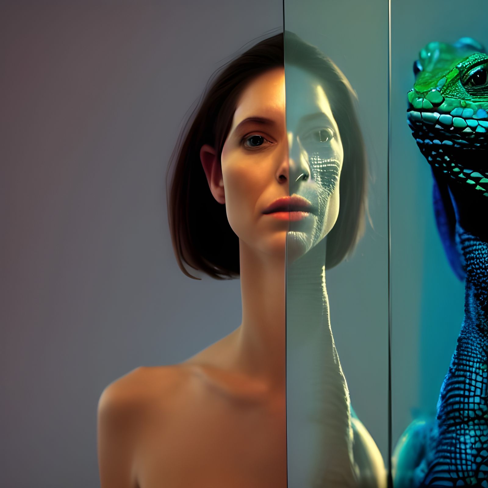 Surreal Lizard in Toaster Reflecting on Woman