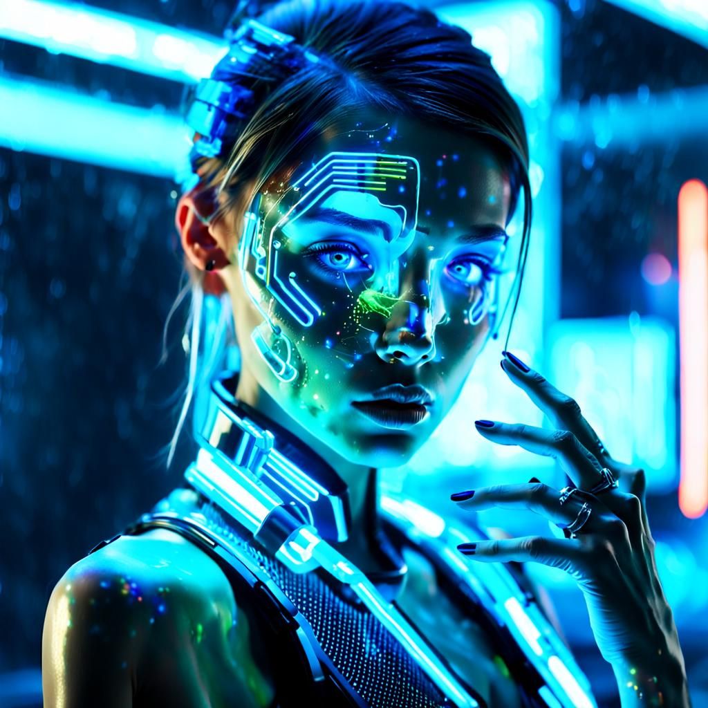 Glamorous Model Adjusts Bioluminescent Implant in Biopunk La...