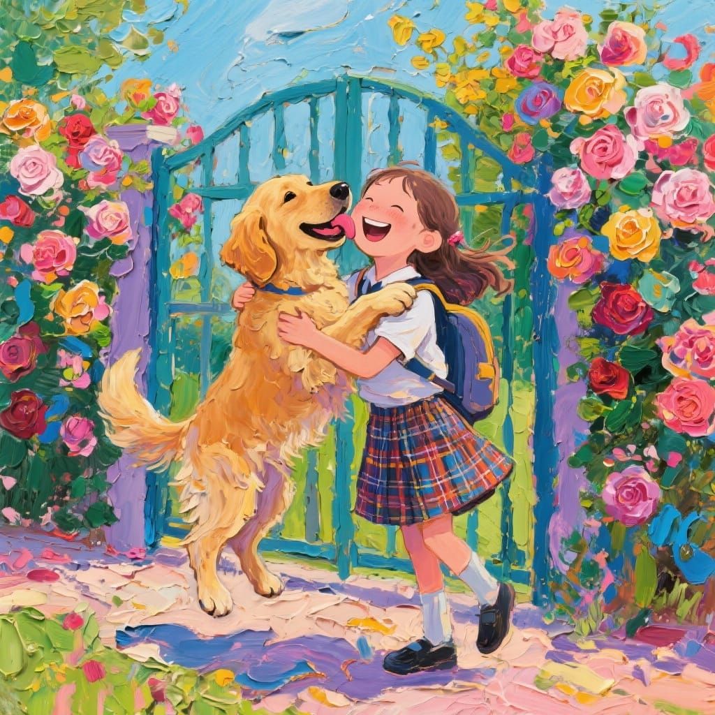 Joyful Golden Retriever Hugs Girl in Rose Garden