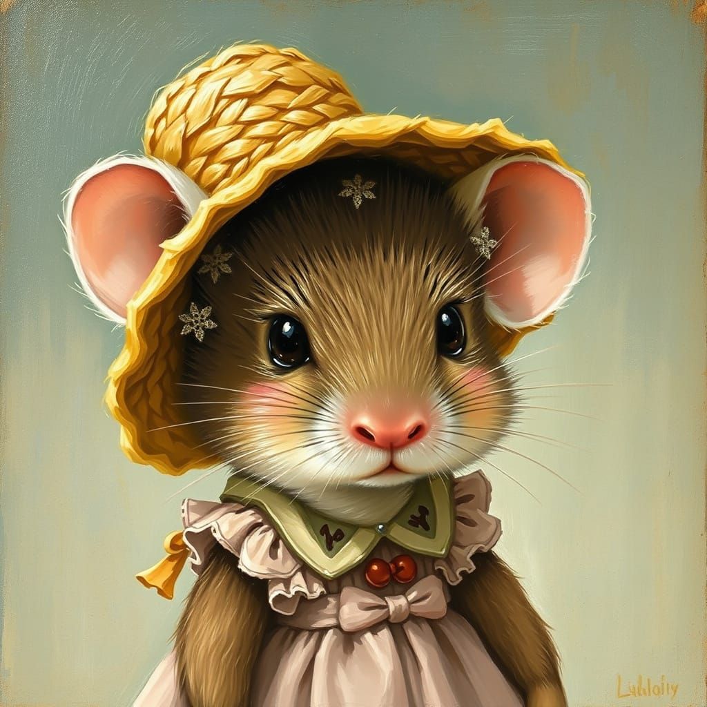 Mouse in Dress and Hat, Bemelmans-Style Art