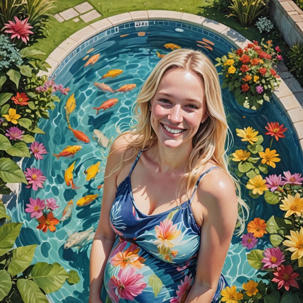 Smiling Pregnant Woman in Lush Garden Swimming Pool