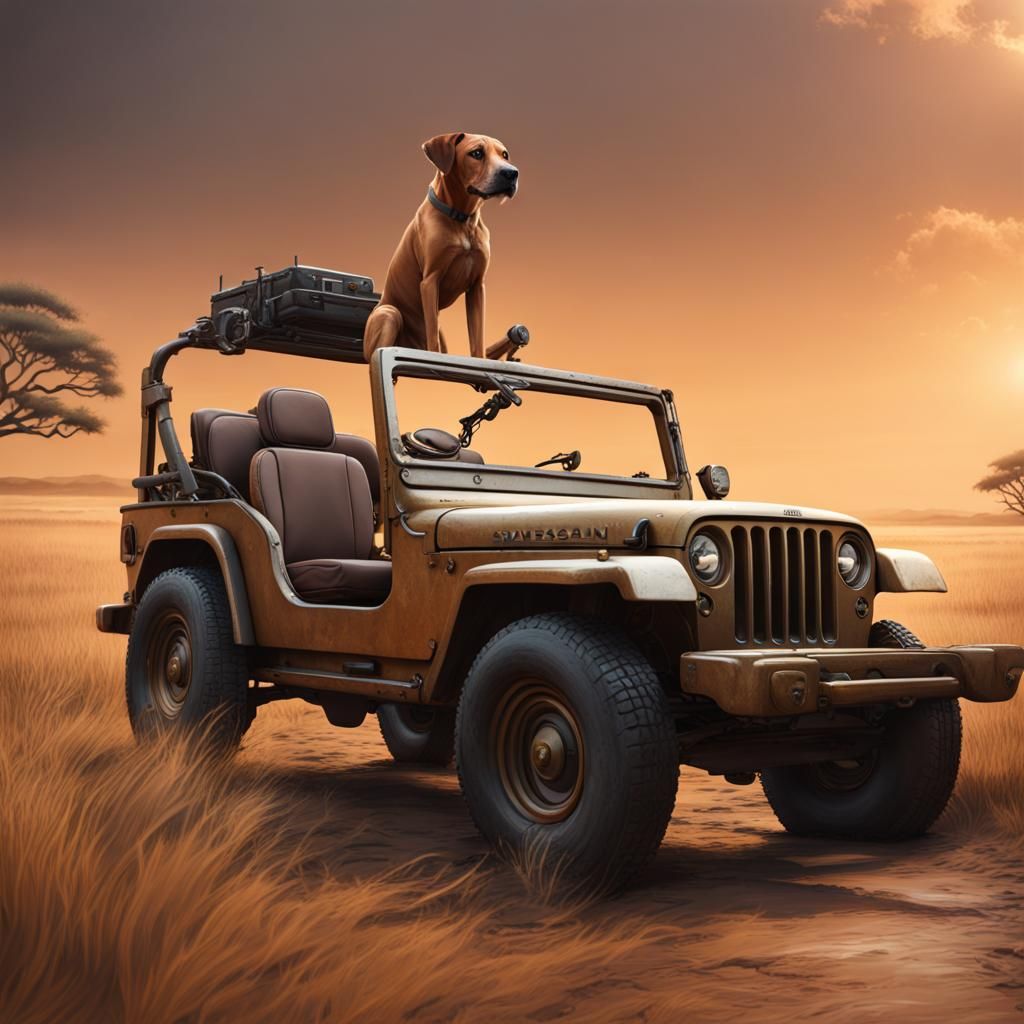 rhodesian ridgeback on jeep