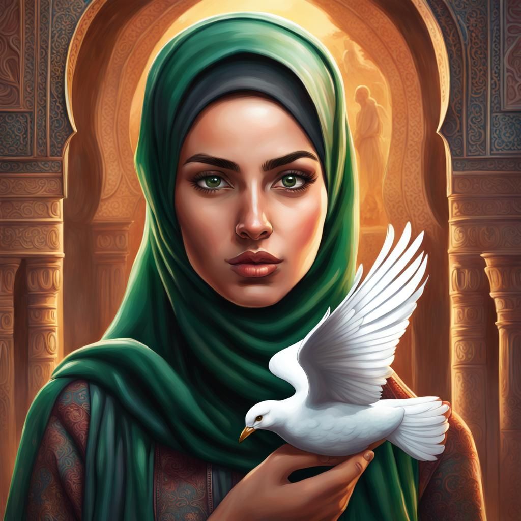 Palestinian Woman with Dove: Hyperrealistic Concept Art