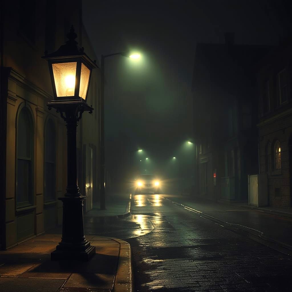 Grumpy Streetlamp on Foggy Cobblestone Street at Night