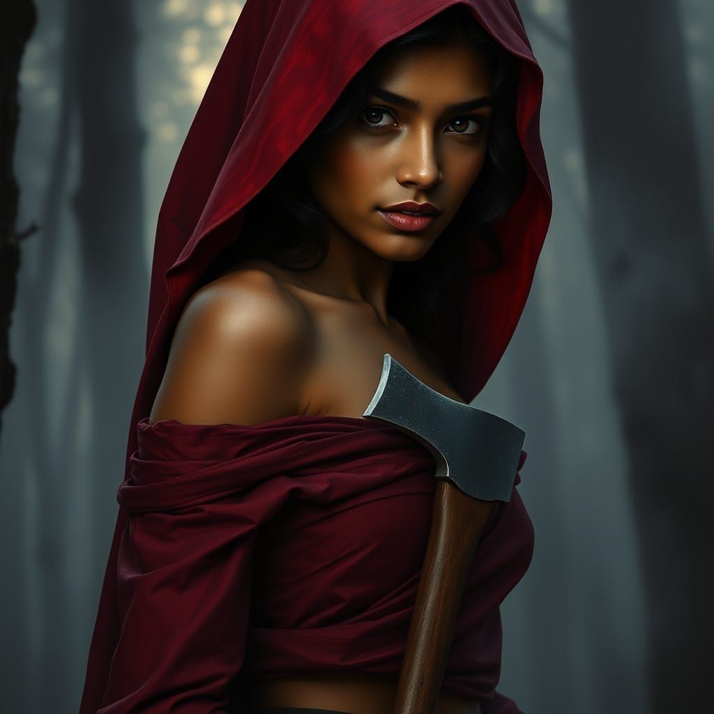 Elegant Tamil Indian Woman with Crimson Hood and Axe