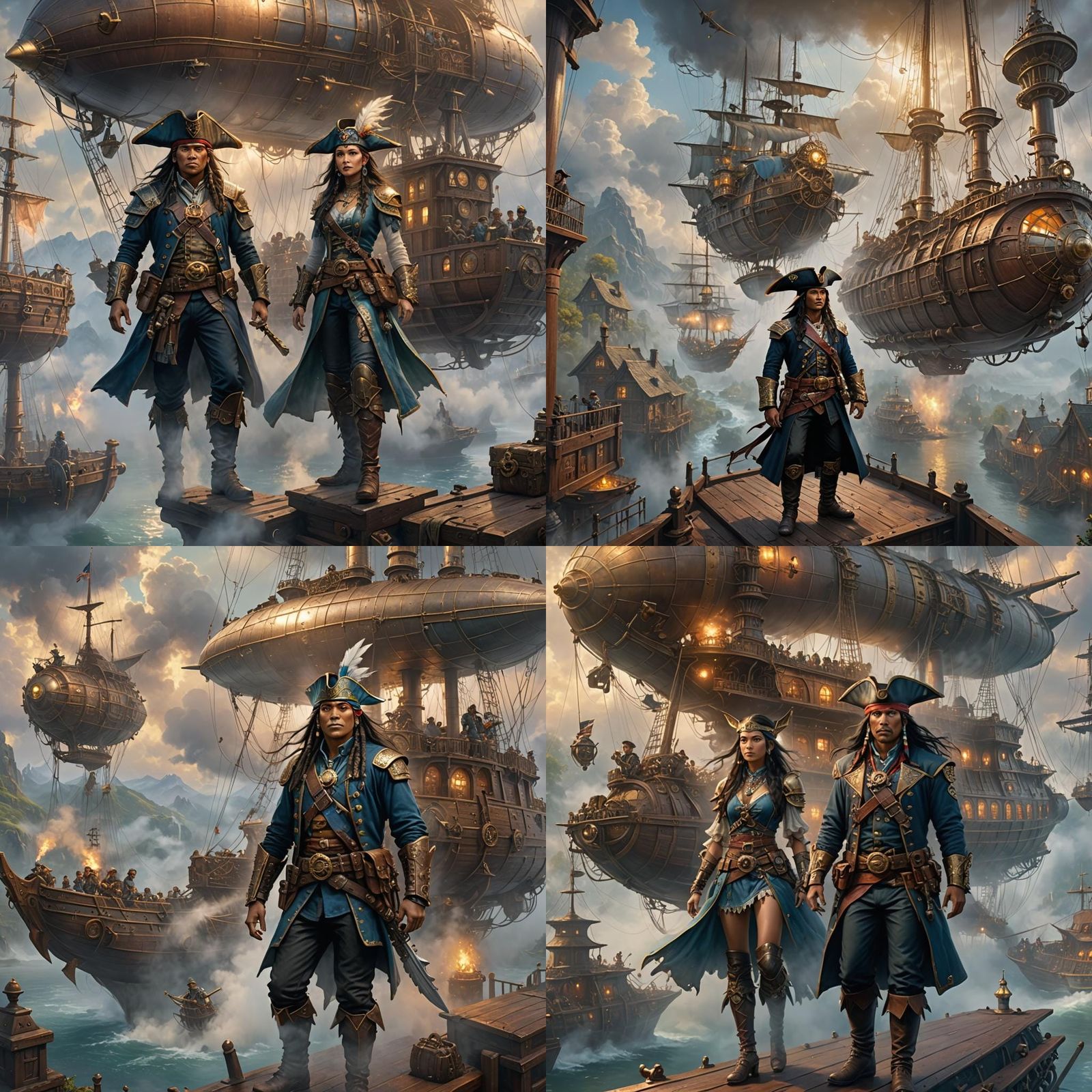 Steampunk Native American Elven Pirate Warrior on Airship