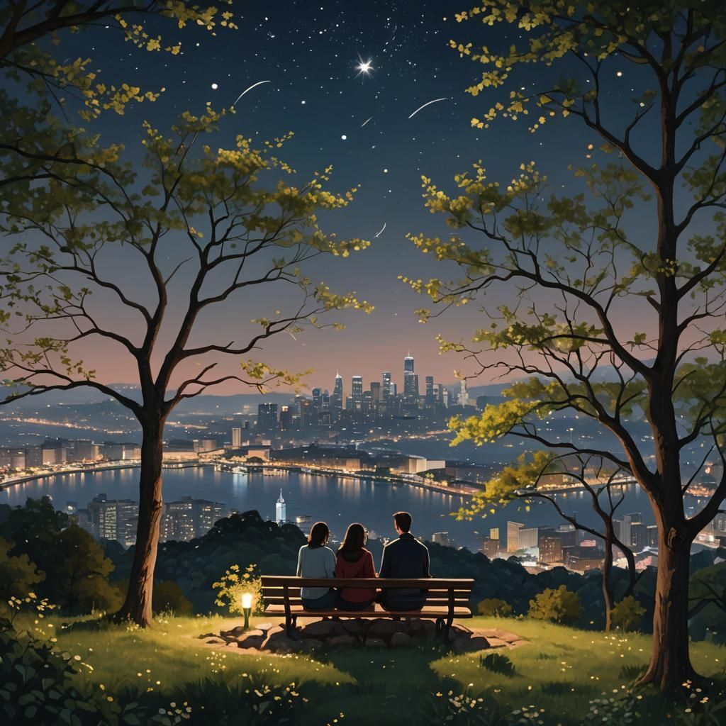 Just sitting on a bench atop a hill, overlooking the cityscape below.