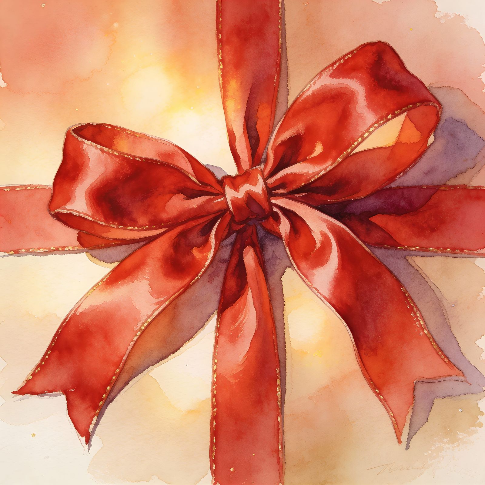Elegant Red Satin Ribbon Bow Watercolor Painting