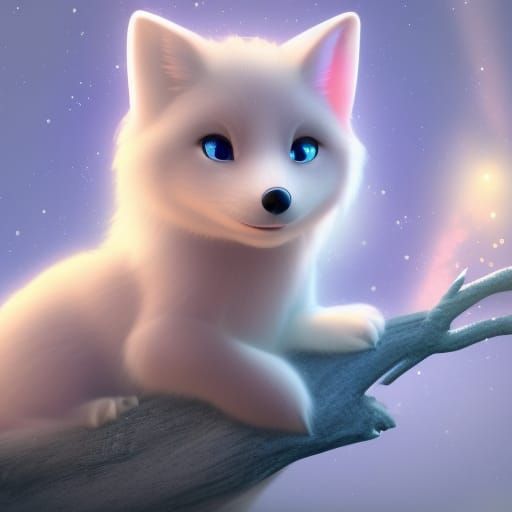 Cute White Fox Surrounded by Luminous Crystals