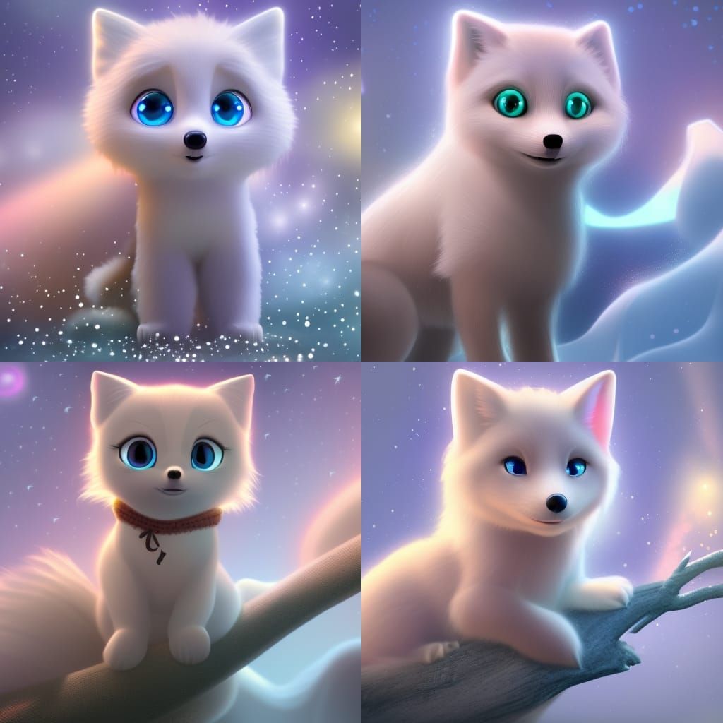 White Fox with Luminous Crystals: 3D Digital Art