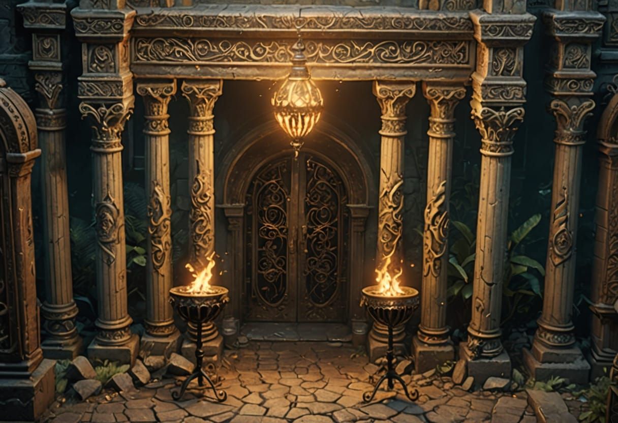 Golden Temple Entrance in a Dimly Lit, Fantastical Realm