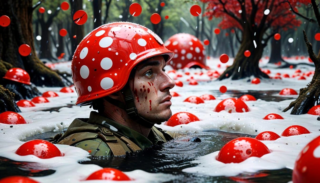 Whimsical Surrealist War Scene in Polka Dots