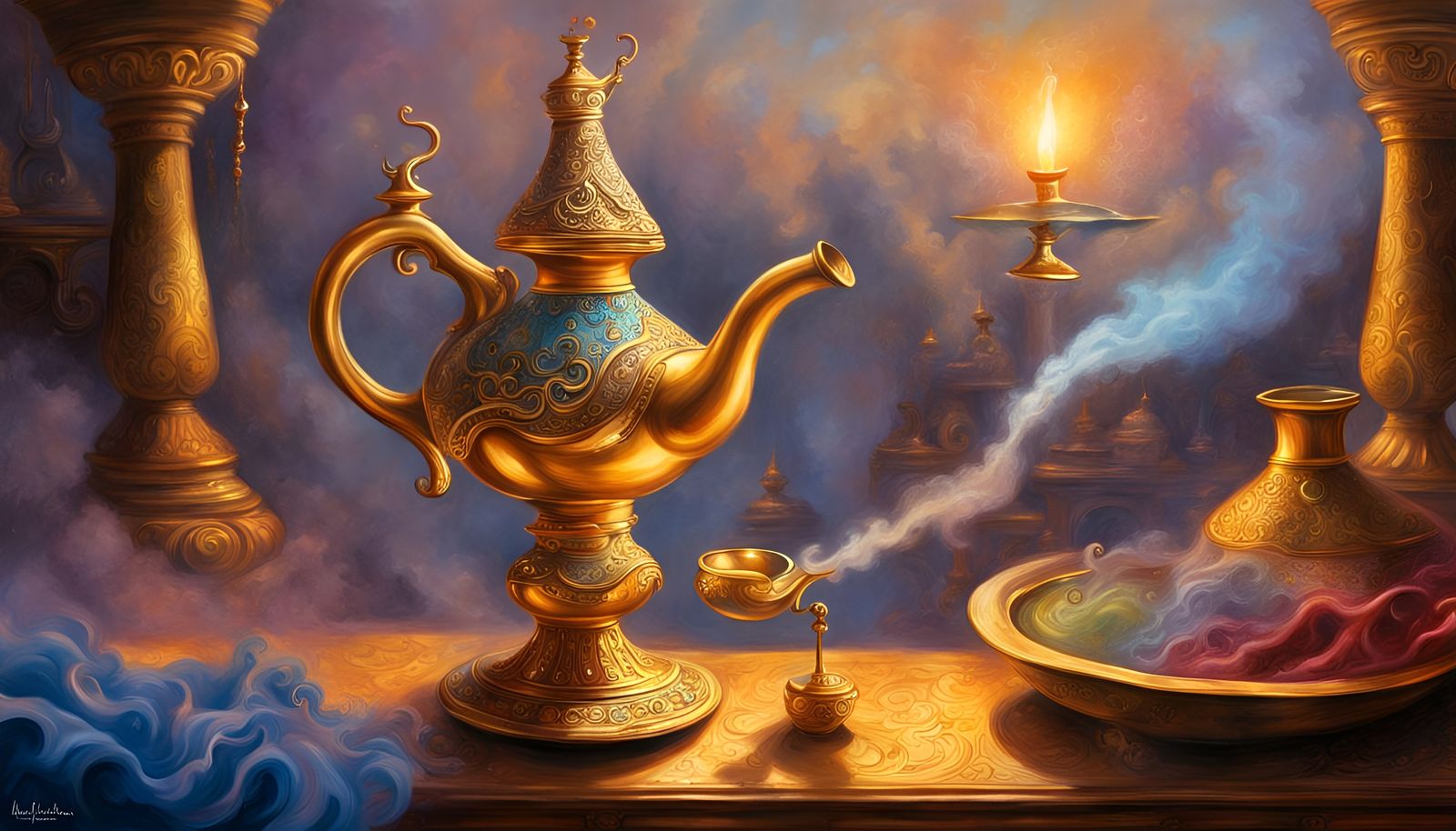 Fantastical Genie Emerges from Aladdin's Lamp
