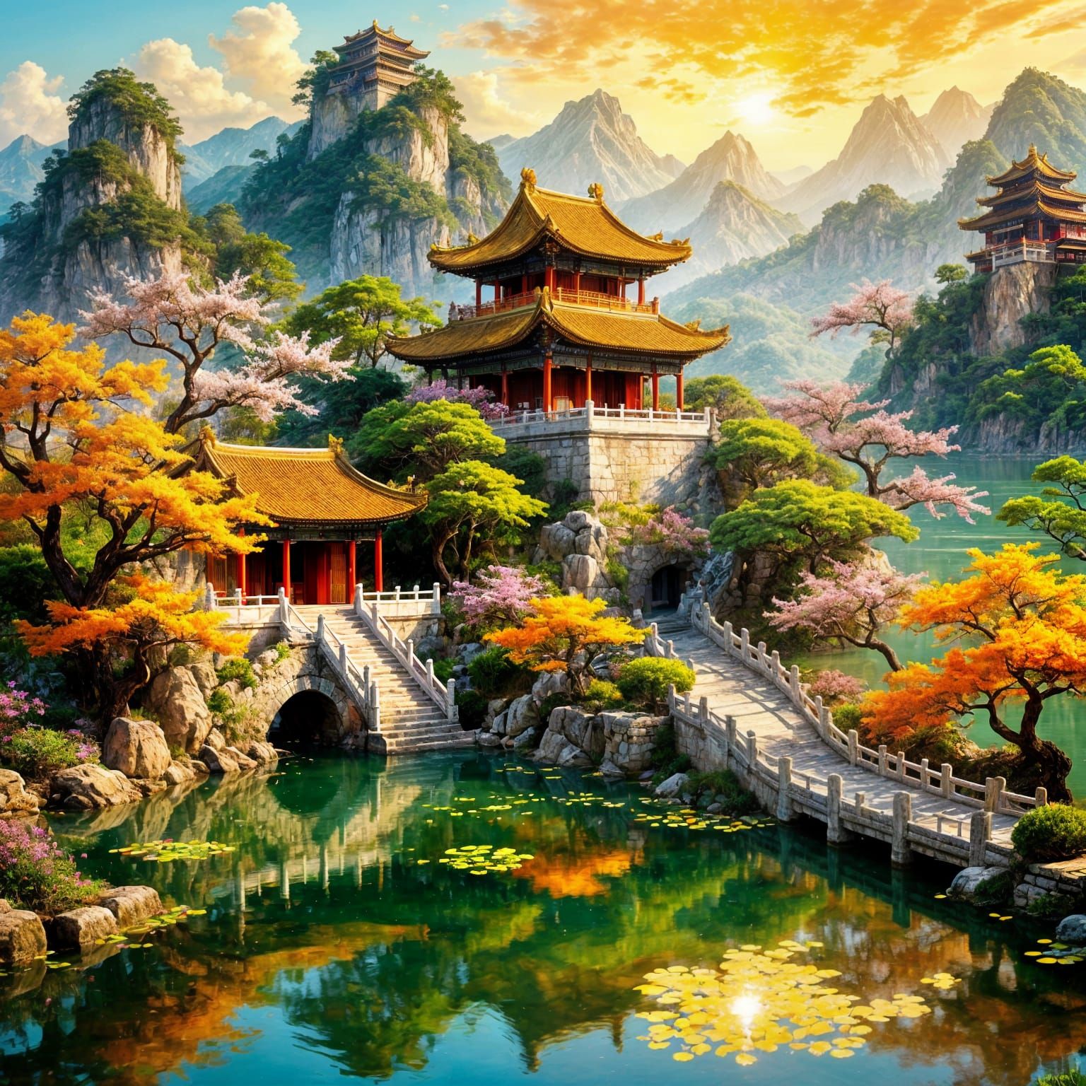 Majestic Chinese Palace on Sunlit Mountain Lake
