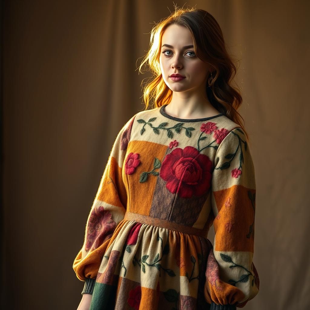 Autumnal Wool Patchwork Dress with Embroidery