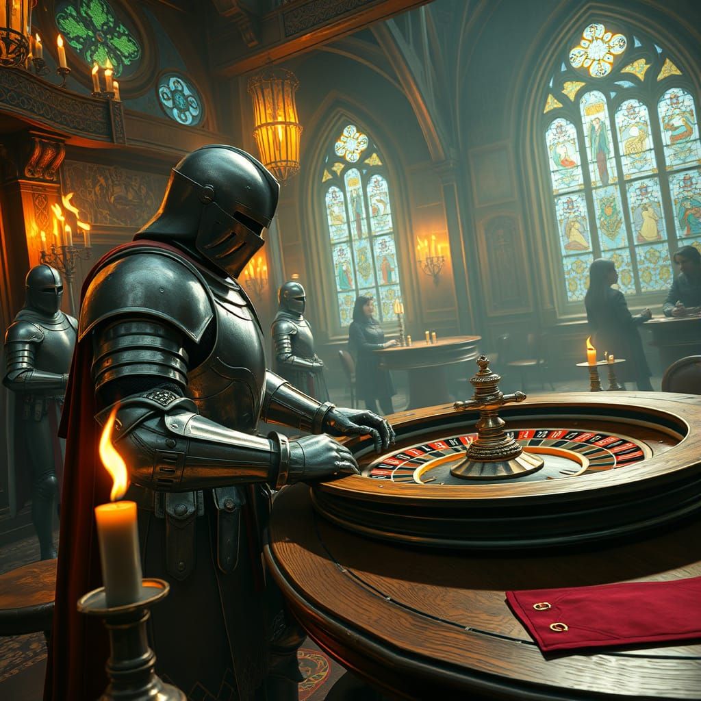 Armored Knight Bets at Medieval Casino Roulette