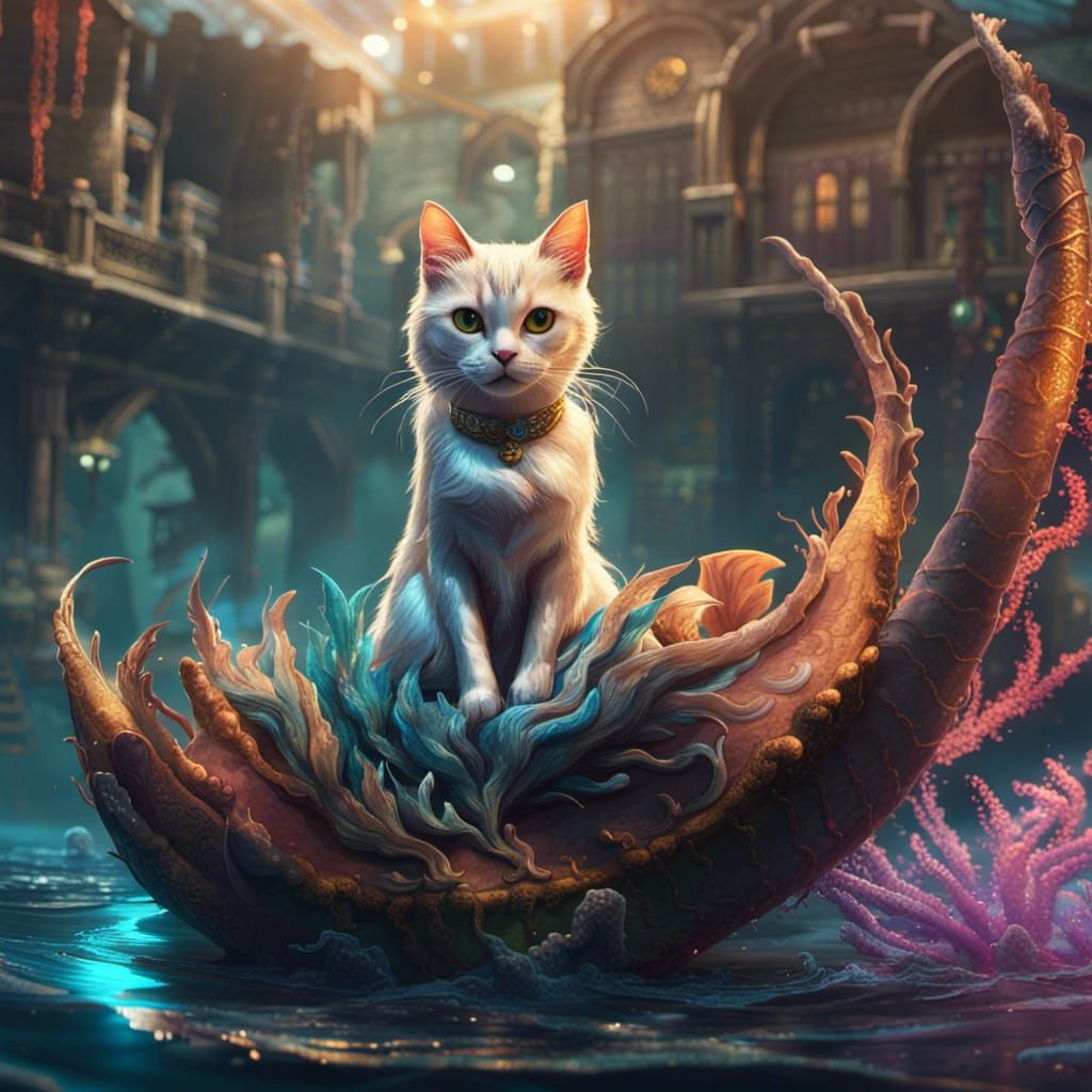 Fantastical Cat Mermaid in Detailed Digital Painting