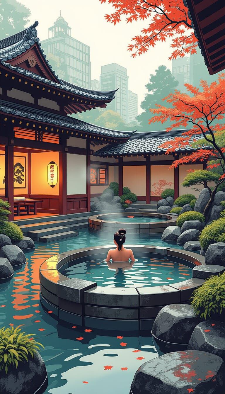 Japanese Bathhouse with Zen Garden, Digital Art