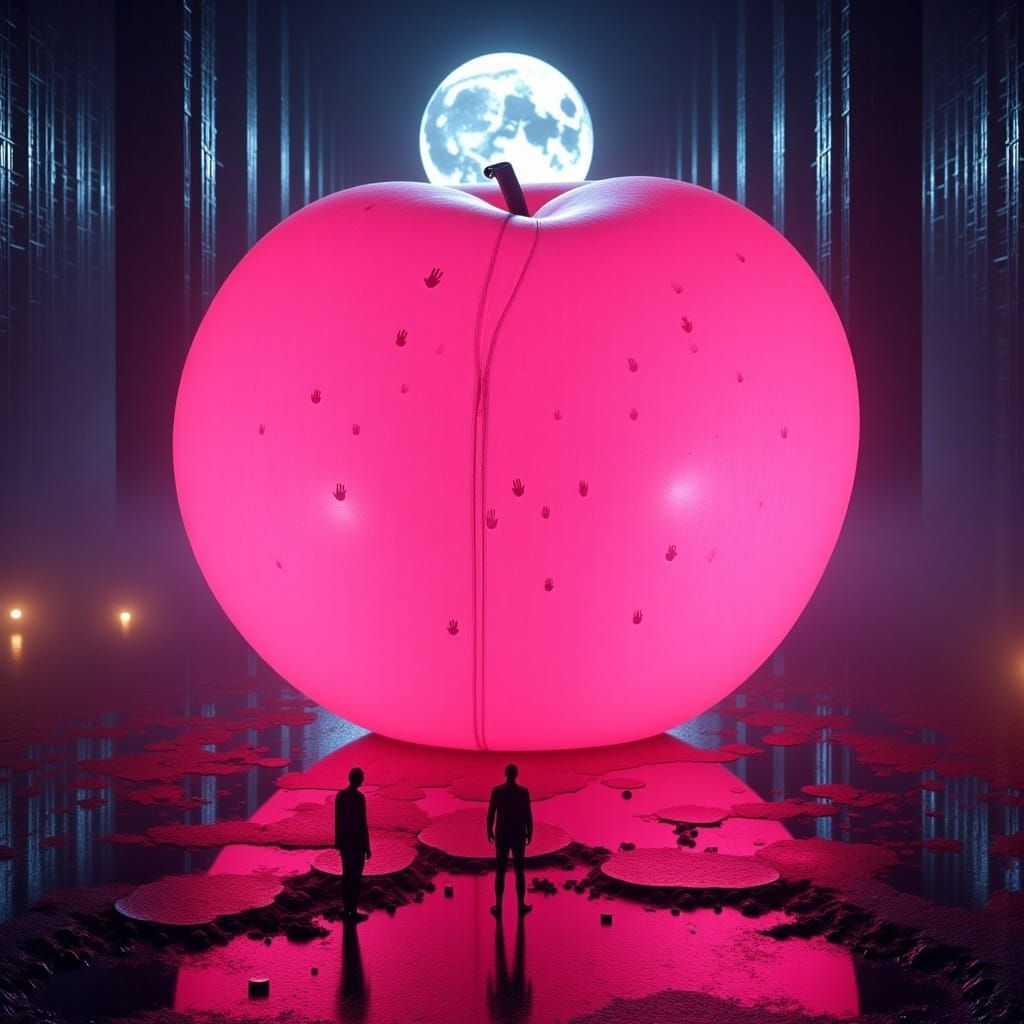 Giant Peach Under Moonlight in Cyberpunk Style