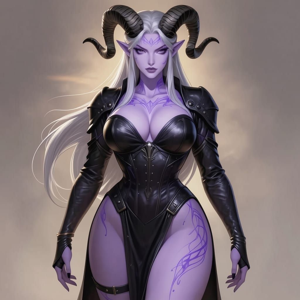 Fantasy Woman With Ram Horns and Lilac Skin