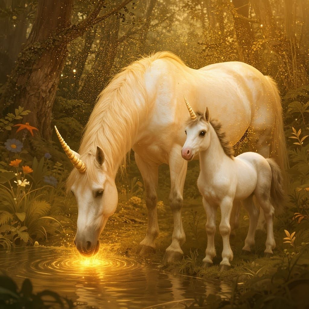 Magical Forest Stream with Glowing Water and Unicorns