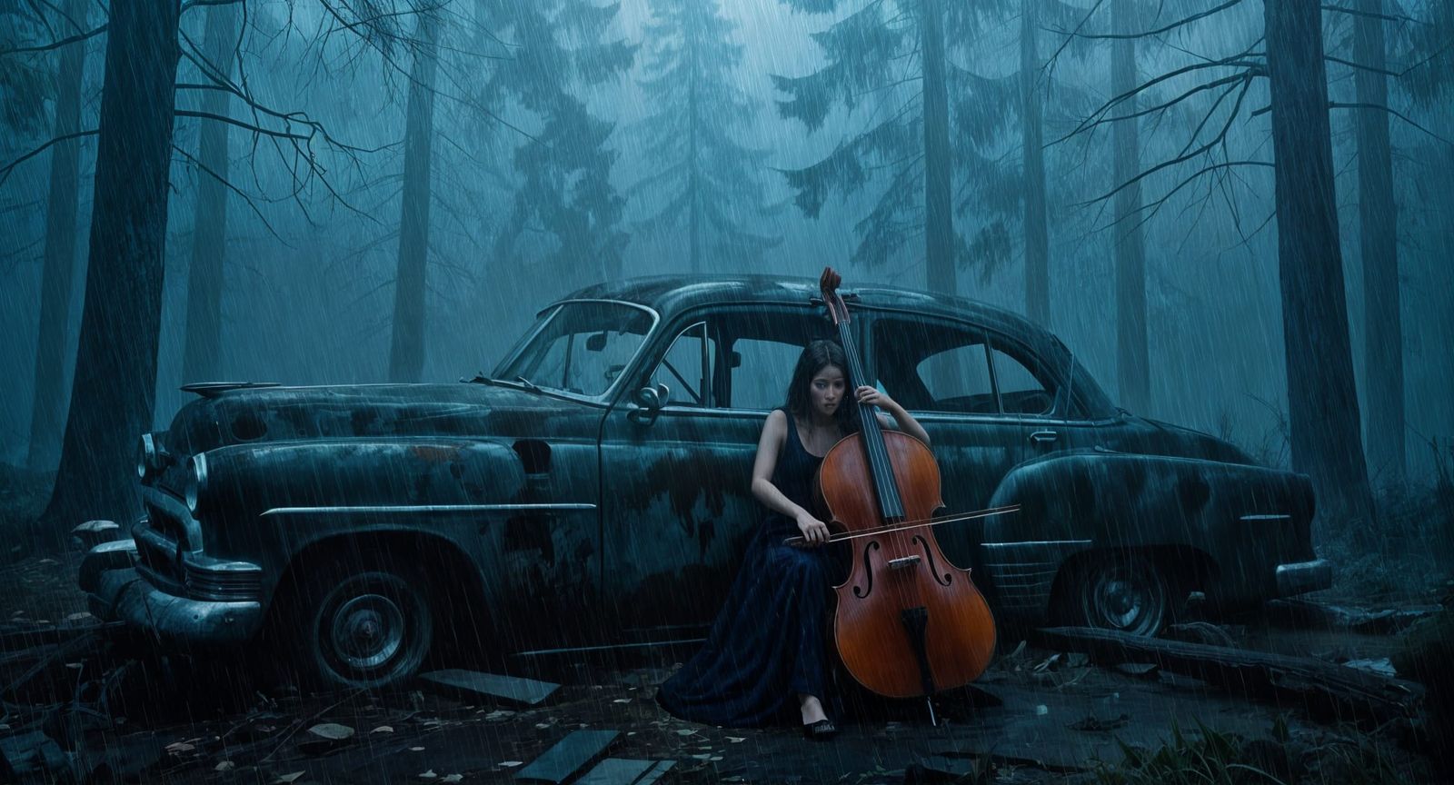 Cellist in Foggy Forest Night: Detailed Matte Painting