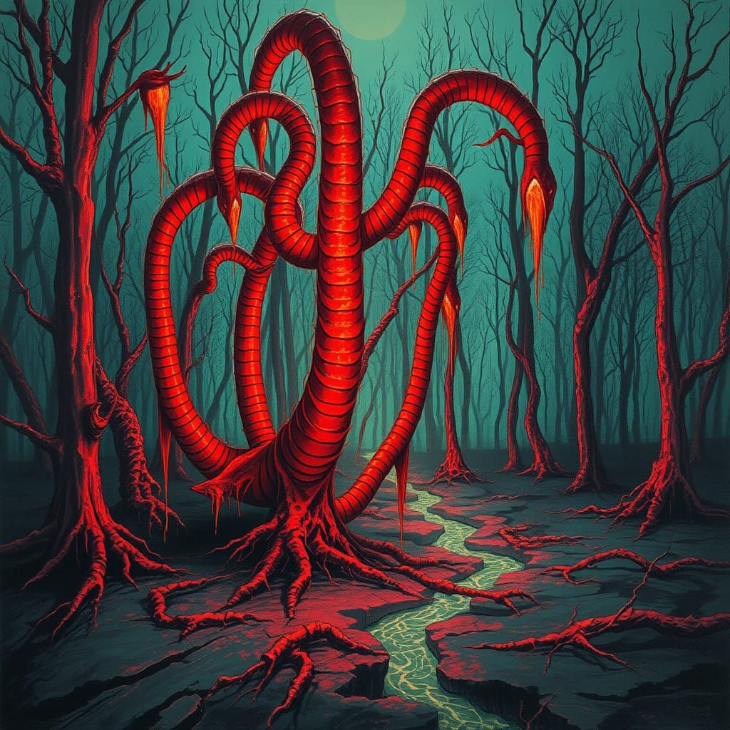 Crimson tendrils, thick as pythons, burst from a cracked earth, their bioluminescent tips illuminating a petrified fores...