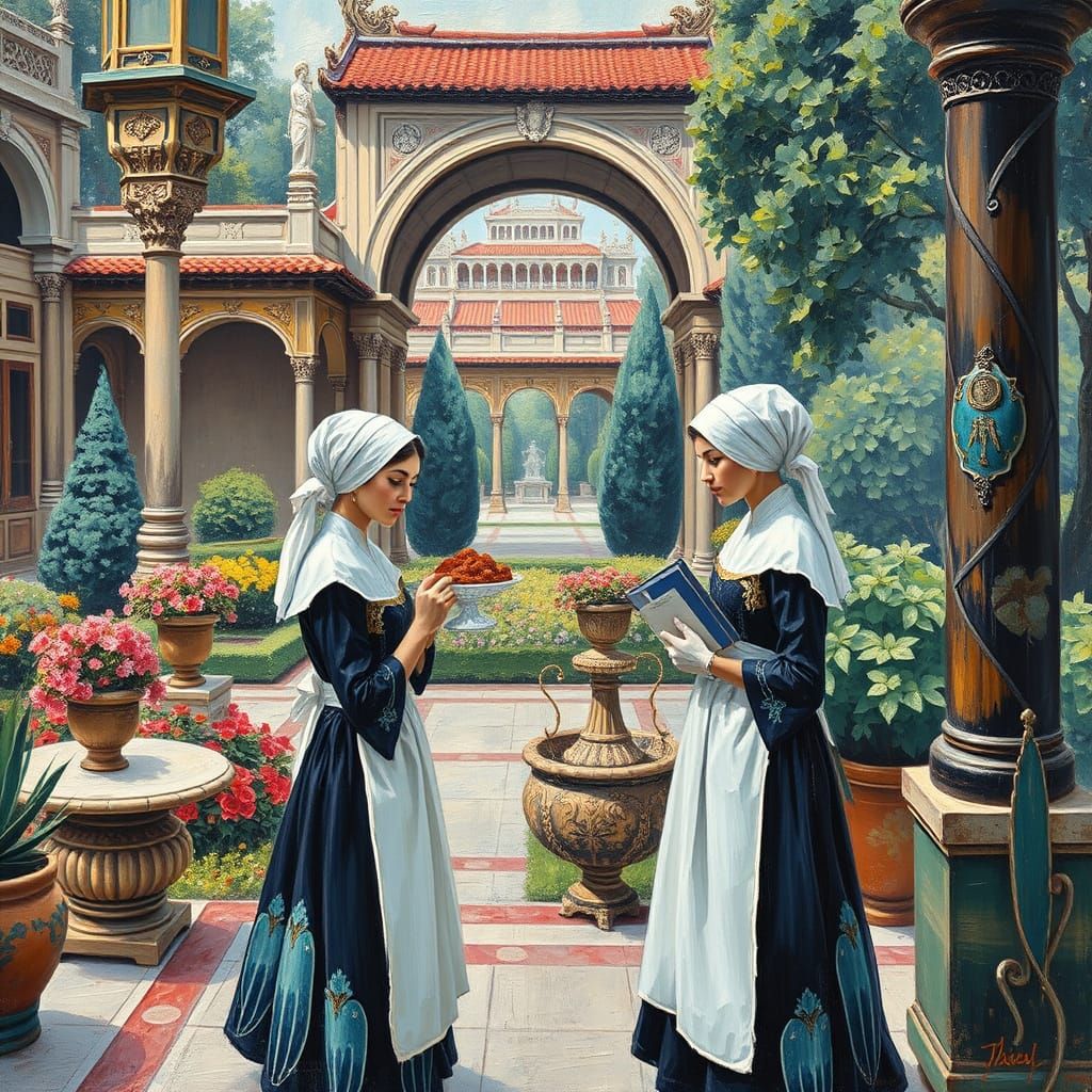 Elegant Maids in Palace Garden: Neo-Impressionist Painting