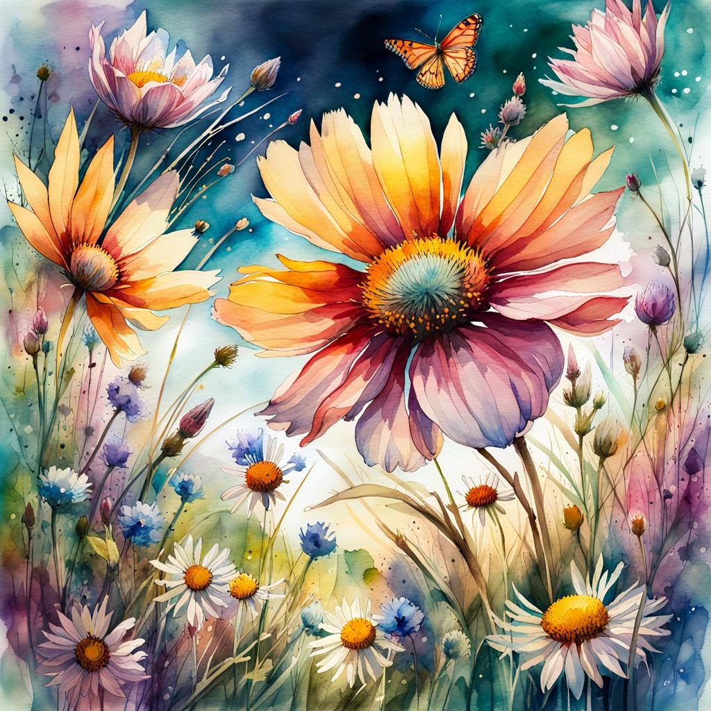 Flower Meadow Campervan: Digital Watercolor Art