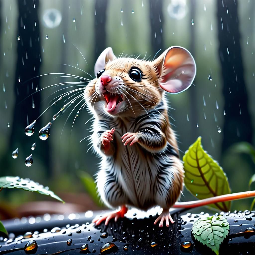 Cute Baby Mouse Catches Raindrops in Forest