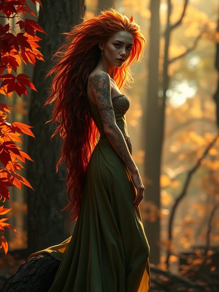 Majestic Autumn Dryad in Enchanted Forest