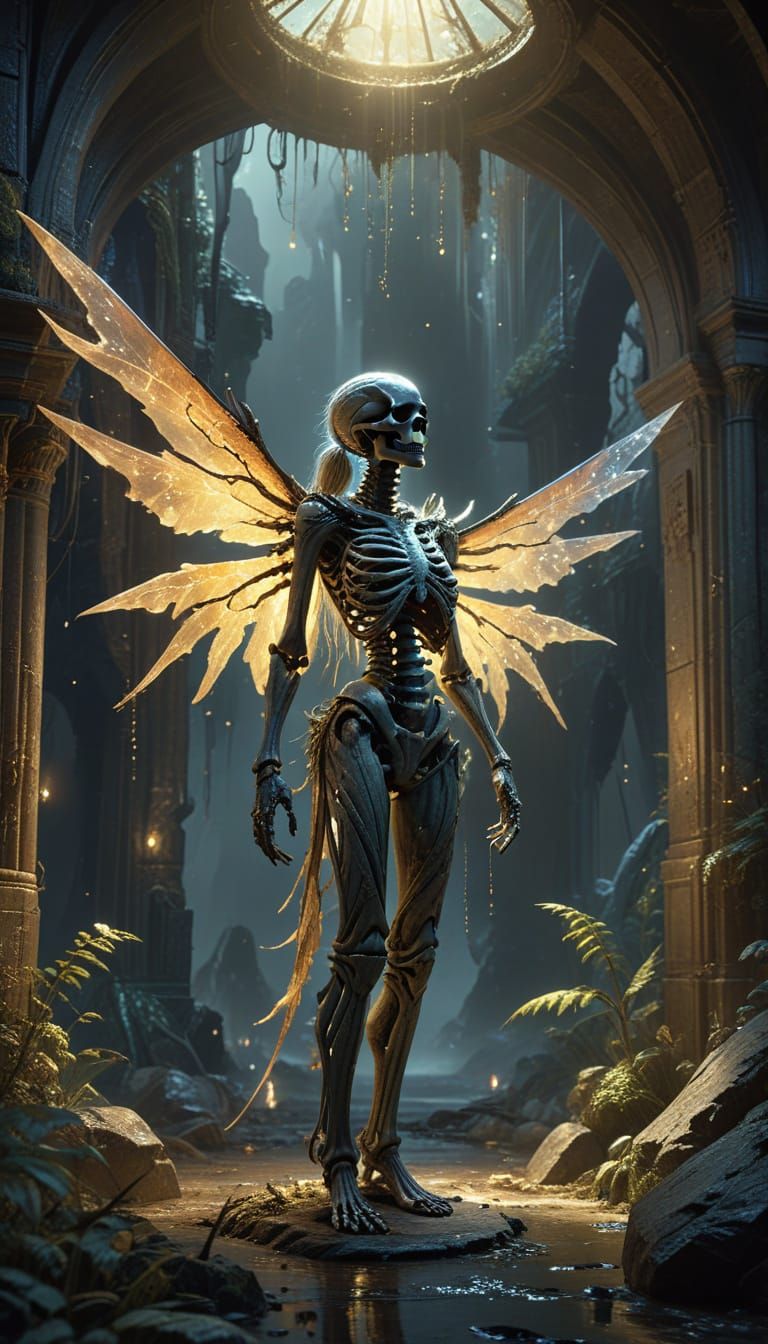 Ethereal Realm with Ancient Skeleton, Gremlin, and Celestial...