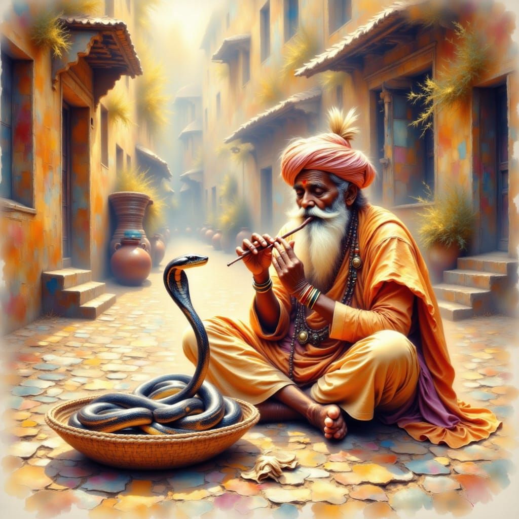 Indian Snake Charmer in Ethereal Watercolor Style