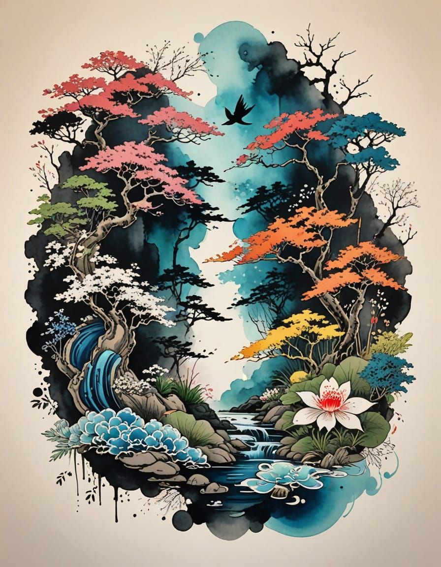 Traditional Japanese Zen Garden in Vibrant Watercolor Style