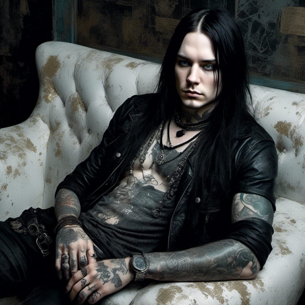 Goth Man with Tattoos and Jewelry in Hyperreal Style