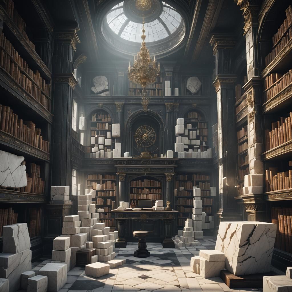 Elegant Library Scene with Scale and Chalk Blocks