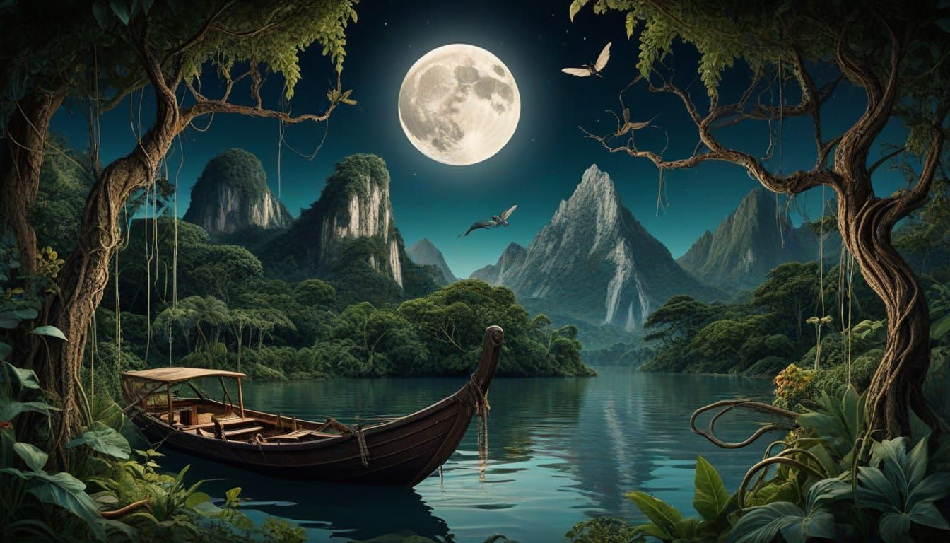 Surreal Jungle Landscape at Night with Moonlit Boat