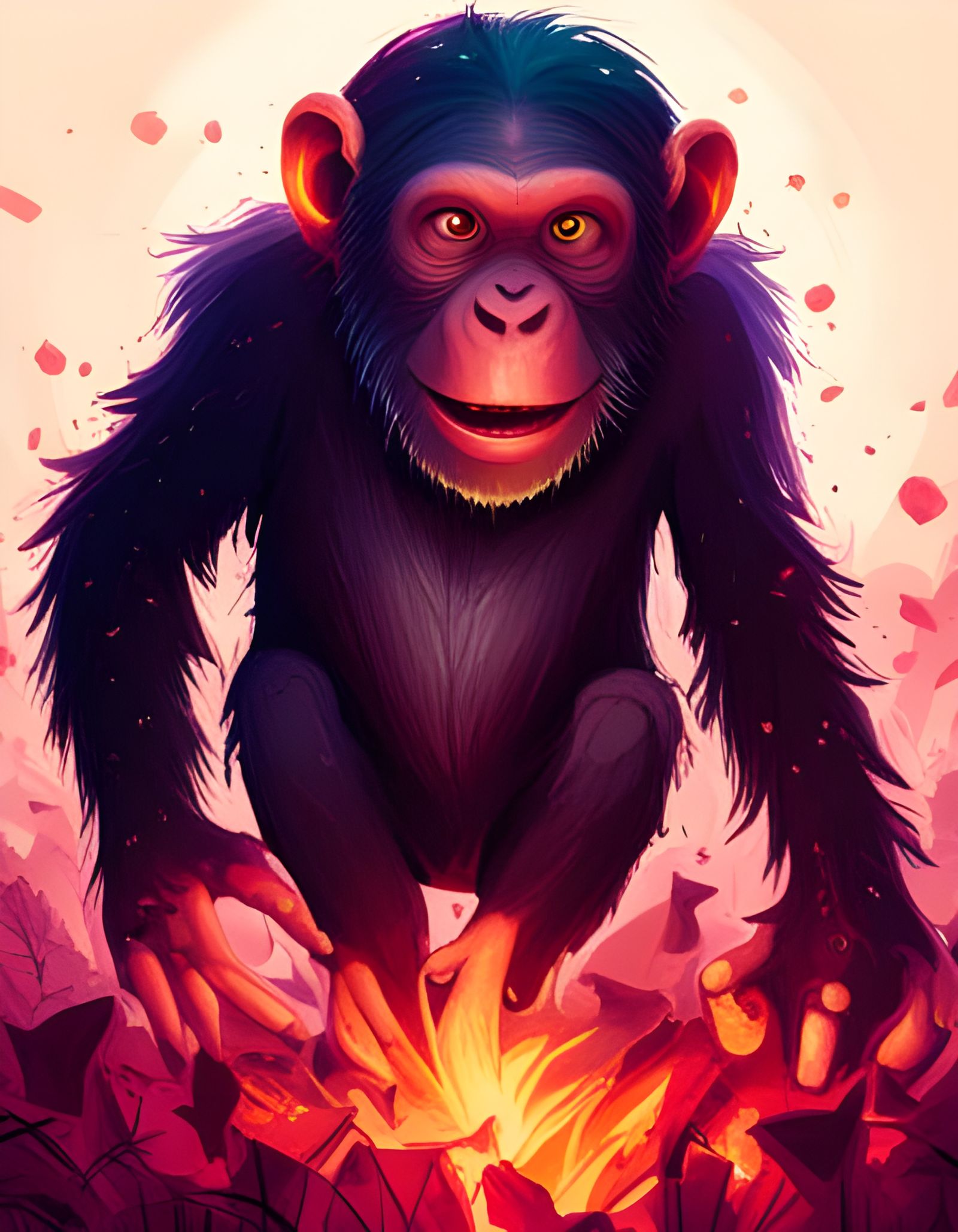 Chimpanzee Playing with Fire: Digital Illustration