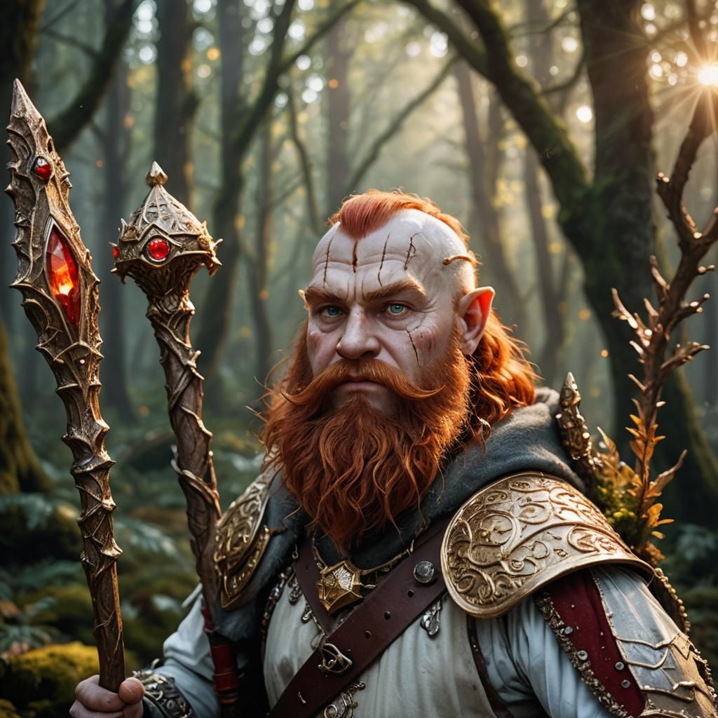 Dwarf with Scales and Gemstone Staff in Mystical Forest