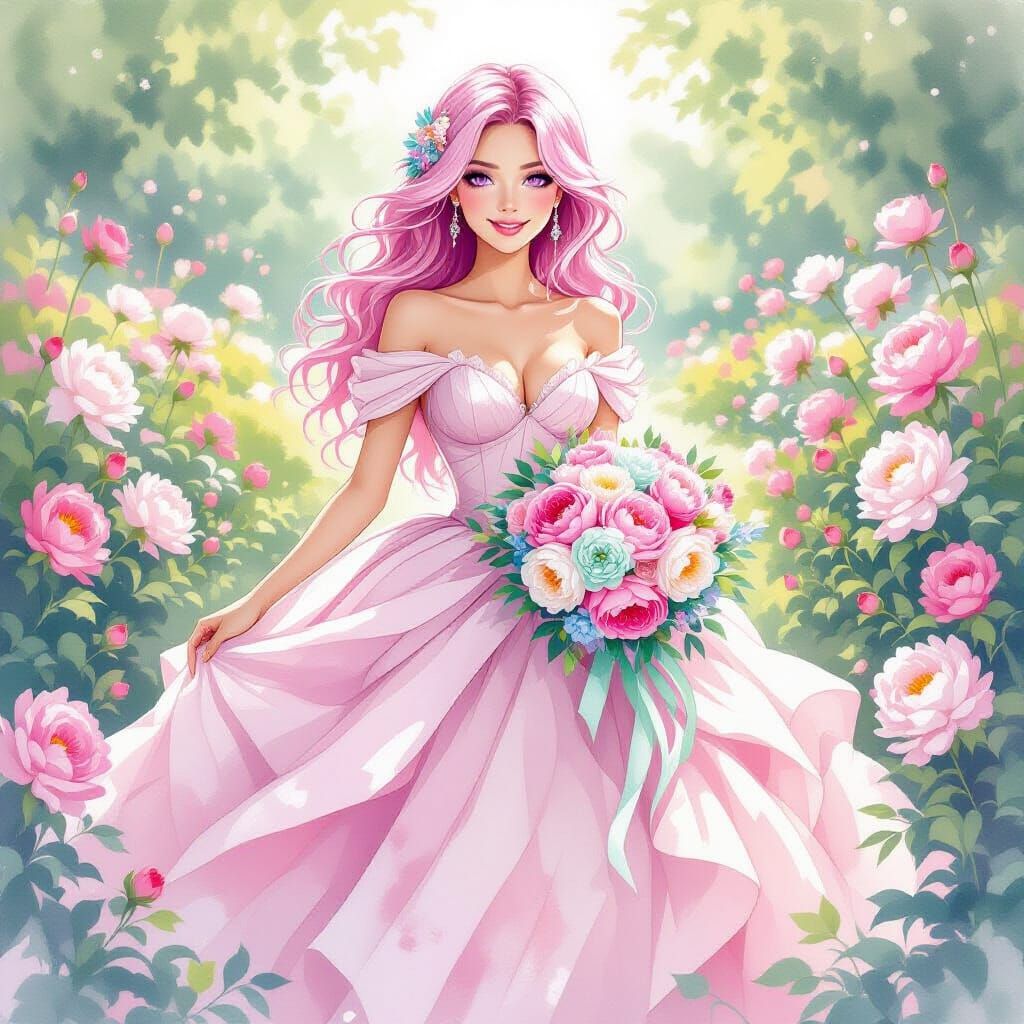 Smiling Woman with Peony Bouquet in Watercolor Style