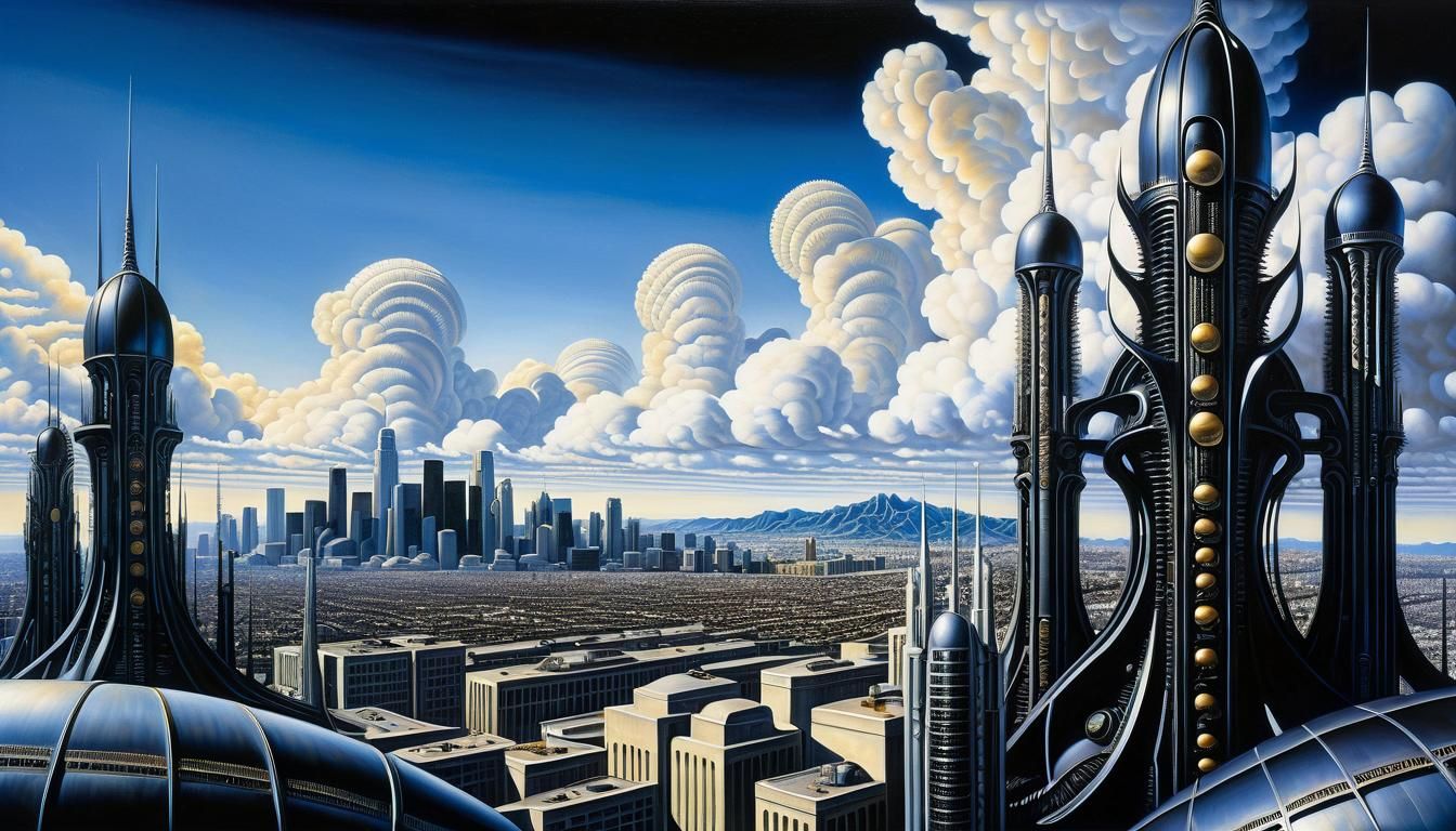 Biomechanical Los Angeles Skyline in Hyperdetailed Oil Paint...