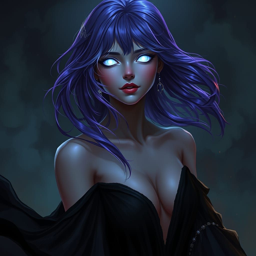 Mystical Violet-Haired Woman in Digital Painting Style