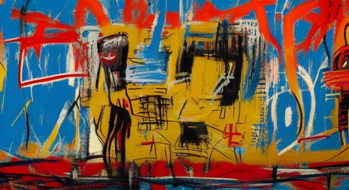 Boy and Dog in Field: Basquiat-Inspired Graffiti Art