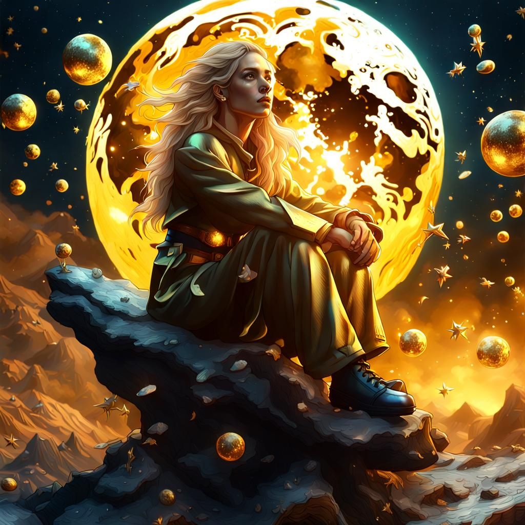 Woman on Melting Moon Throws Stars