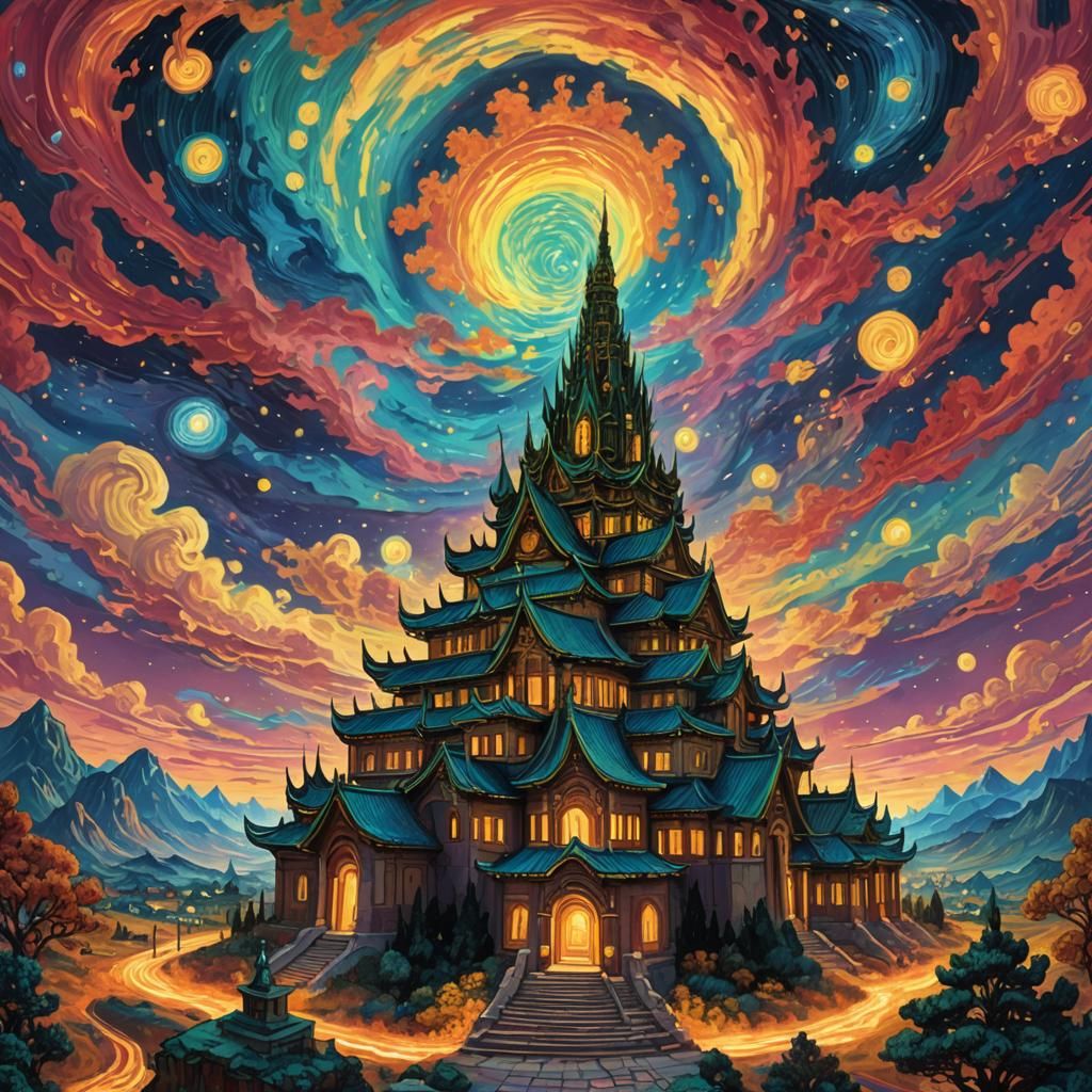 Psychedelic Temple Concept Art with Vibrant Skies