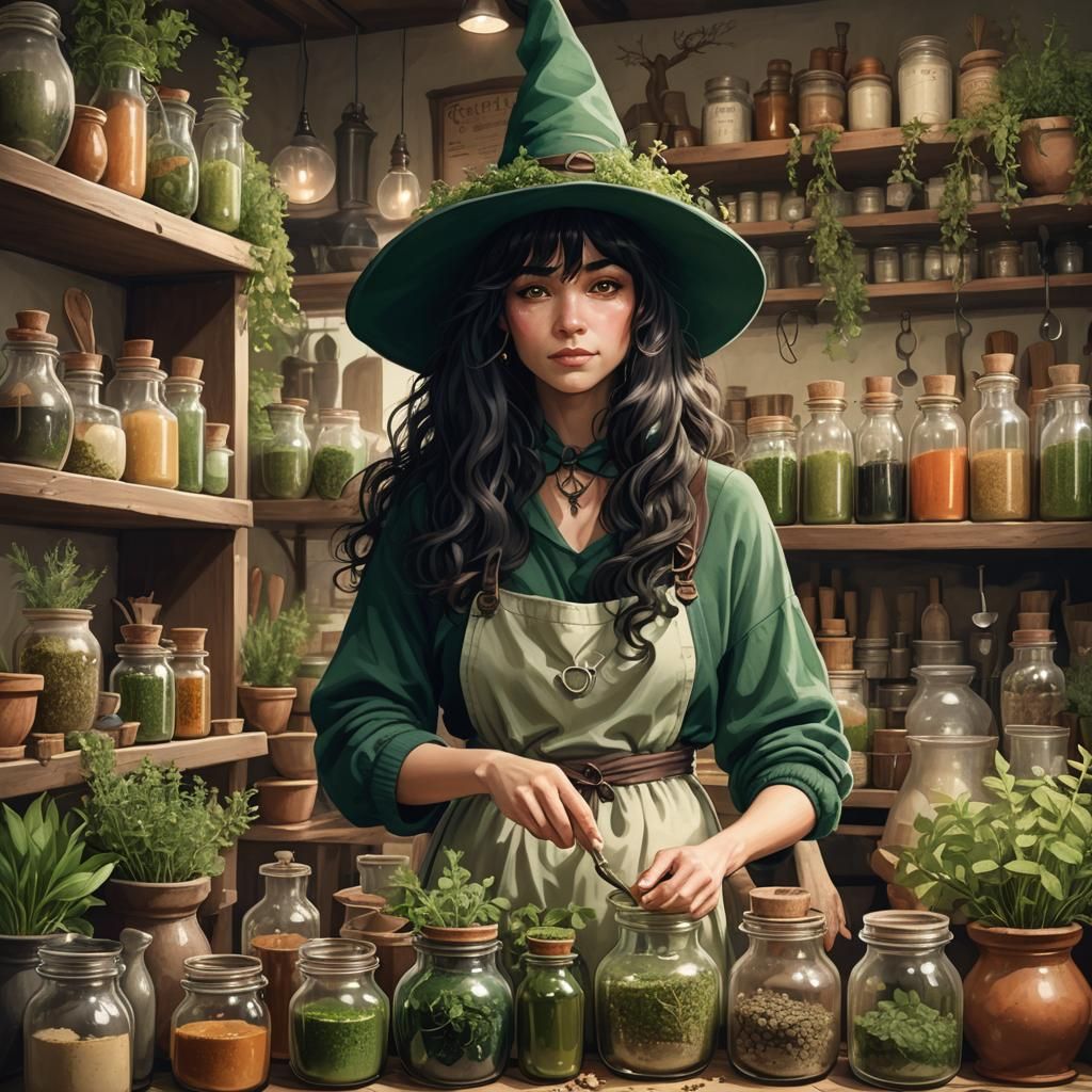 Apothecary Witch Crafts Potions in Cozy Fantasy Art